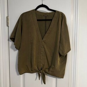 Olive Green V-Neck Button-Down Women's Top